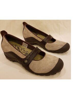 Merrell Comfort Wedge Shoes Sz-9.5 Dark Taupe/Brown Trim Leather/Suede